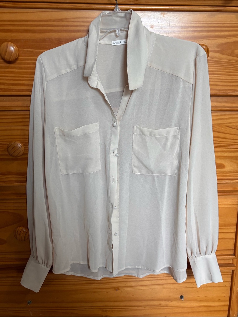 BCBG Sheer Cream Button-Front Long Sleeve Blouse
